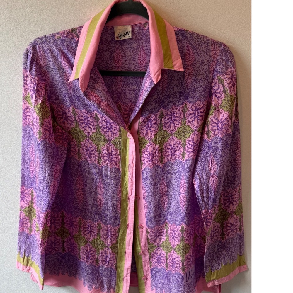 Vintage Vera Neumann Silk Shirt Pink Purple Paisley Print‎ ILGWU Ladybug Tag 10